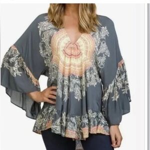 Free People BOHO Sunset Dreams Printed Bell-Sleeve Tunic large
